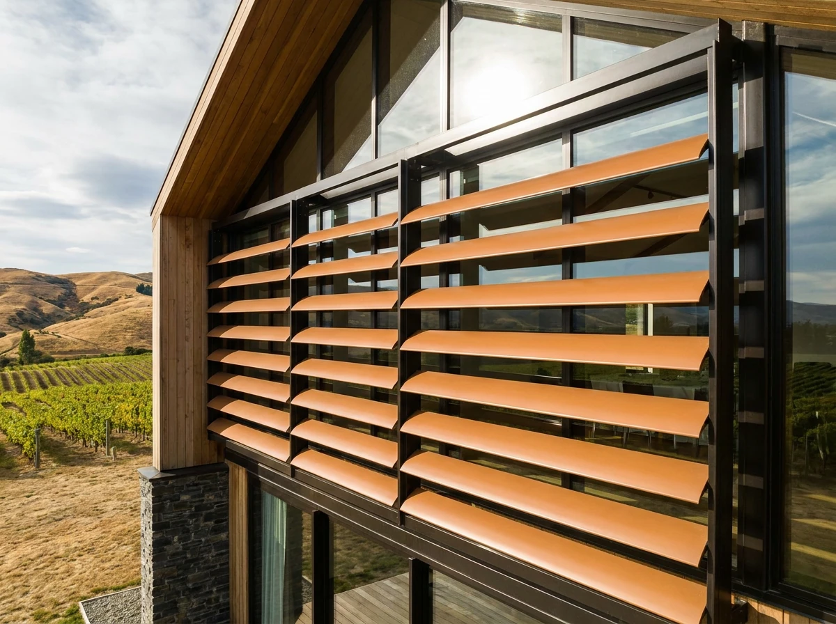 Wide aluminium external venetian blind slats mounted outside a north-facing wine-estate function room near Wellington