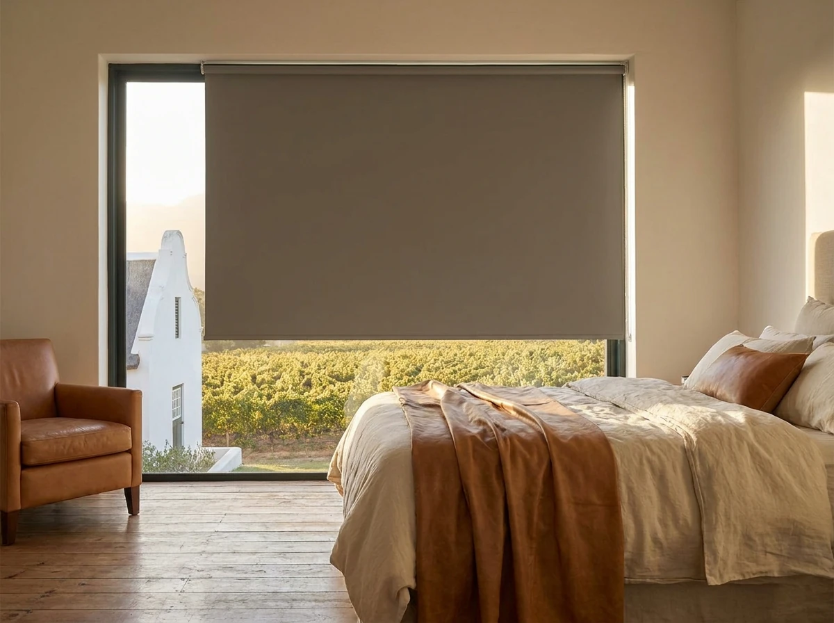Charcoal-tan blockout roller blind lowered over a farmhouse bedroom window in Wellington with vineyard rows visible outside