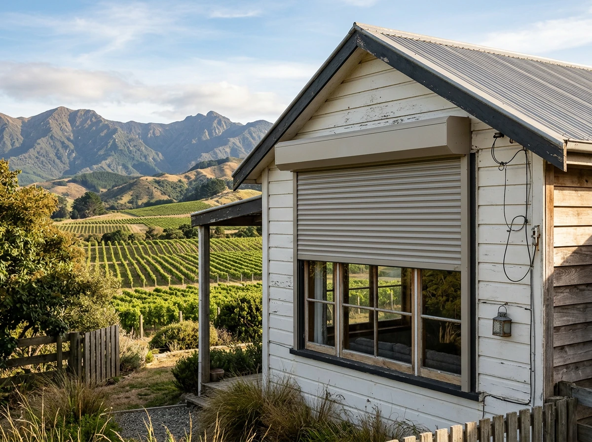 External aluminium roller shutter partly lowered from a headbox on a Wellington farmhouse gable end with vineyards behind