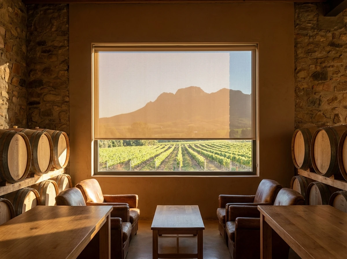 Sunscreen mesh roller blind half-lowered in a Wellington wine-cellar tasting room with vineyard and mountain view