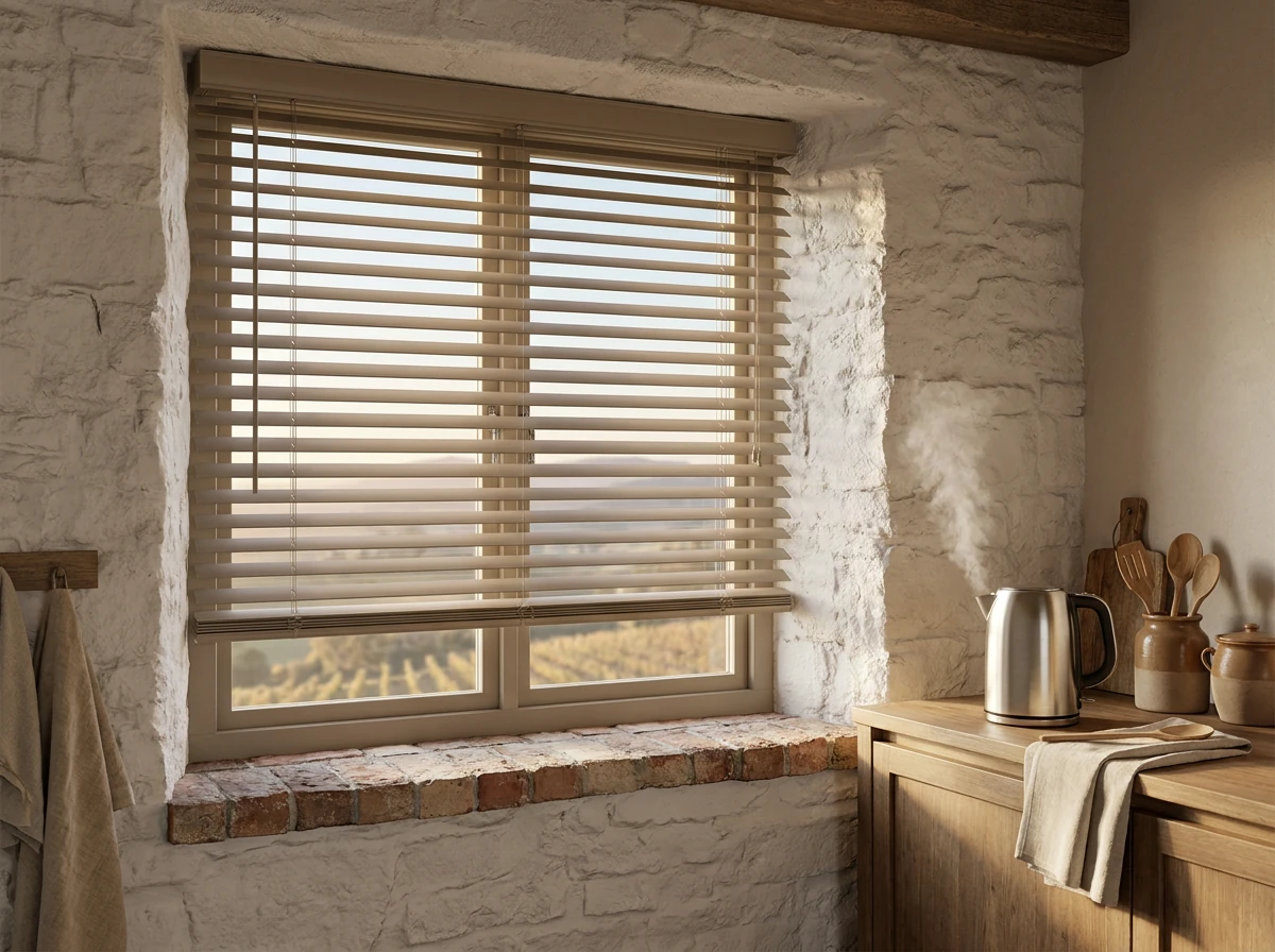 Slim aluminium venetian blind with tilted slats in a Wellington farmhouse kitchen window