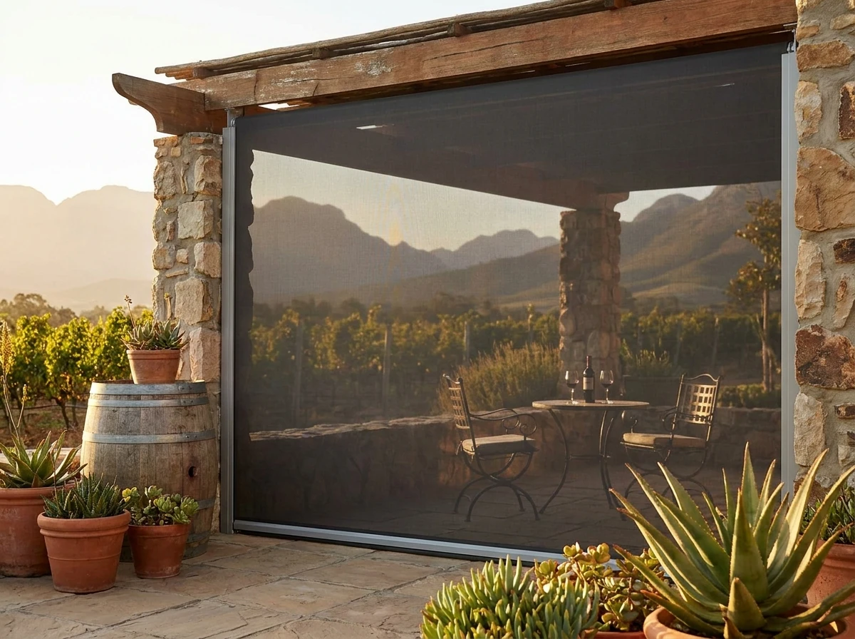 Zip-track outdoor screen enclosing a covered terrace beside a Wellington wine cellar with vineyard view beyond