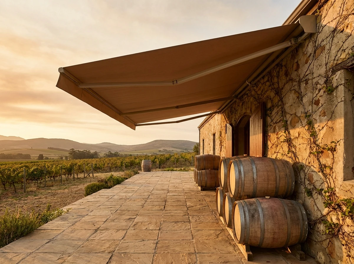Folding-arm fabric awning extended over a paved terrace beside an old wine cellar building near Windmeul, between Paarl and Wellington, wine barrels stacked against the wall