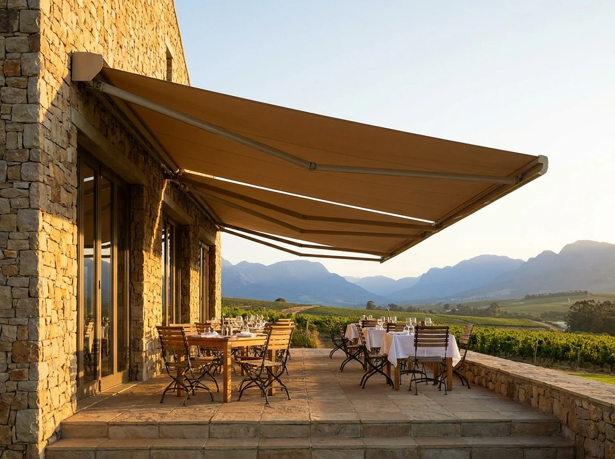 Folding-arm awning extended over a stone stoep of a Wellington wine-estate function building, outdoor dining set up, vineyards and mountains behind