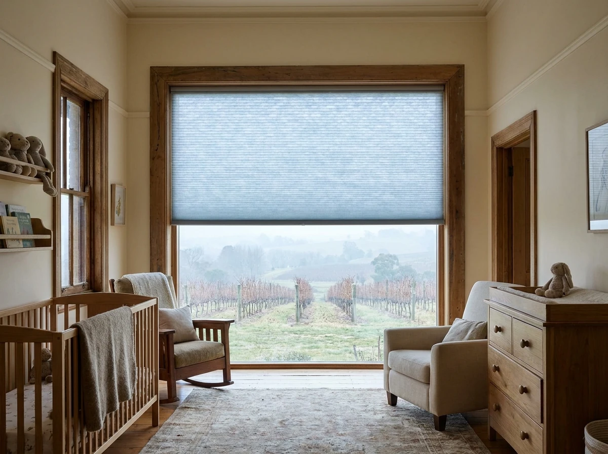 Cellular honeycomb blind lowered over a tall window in an old Wellington farmhouse nursery, hexagonal cell structure visible, misty vineyard view