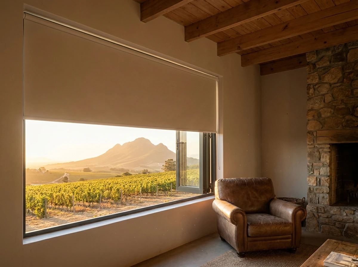 Blockout roller blind half-lowered over a farmhouse living room window in Wellington with vineyard rows and the Groenberg mountain visible