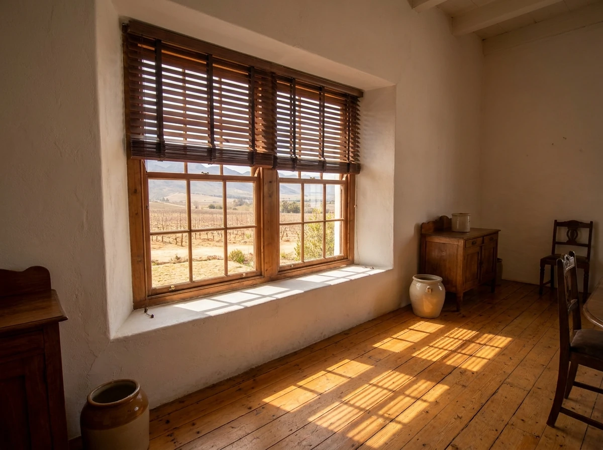 Wide timber venetian blind slats in a deep sash-window reveal of a historic Cape Dutch farmstead near Wellington, warm afternoon light