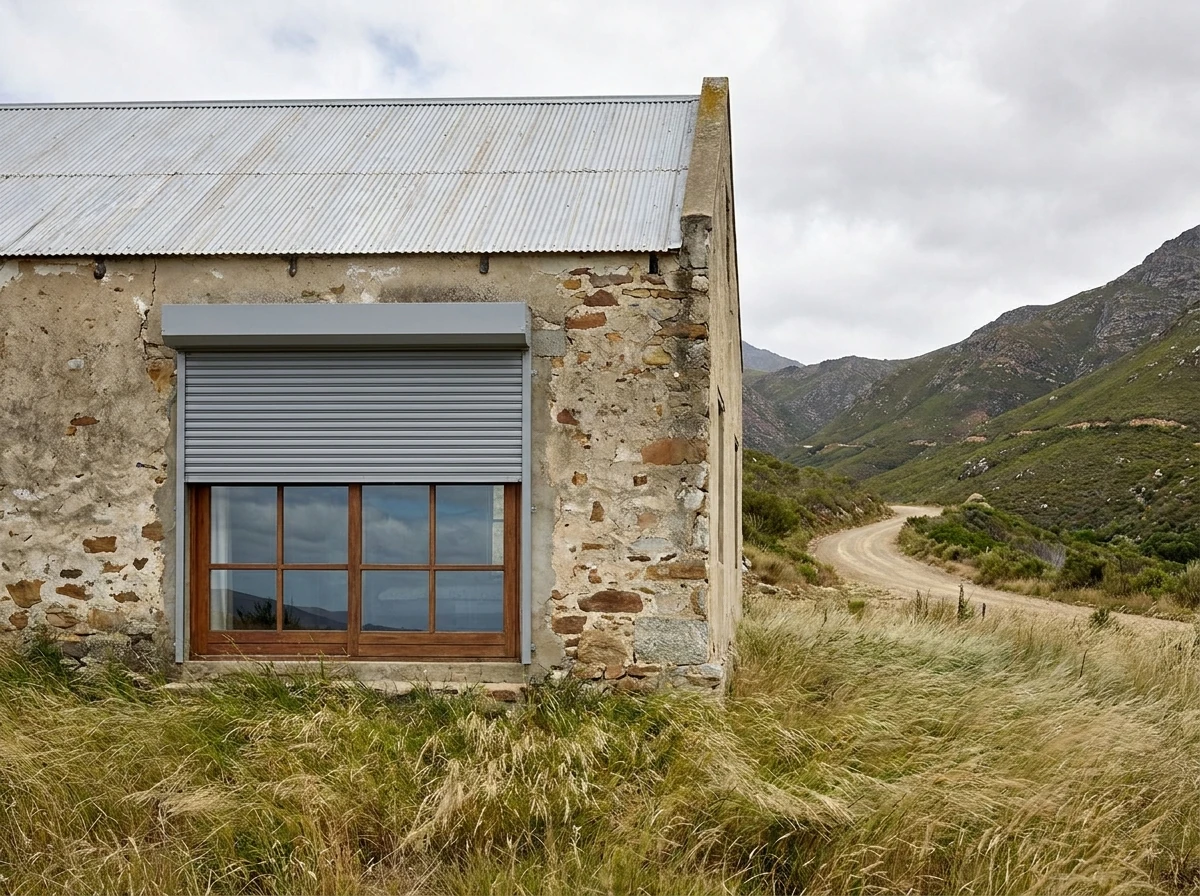 External aluminium roller shutter lowered halfway over a window of an old olive and guest farm building at the foot of Bainskloof Pass near Wellington