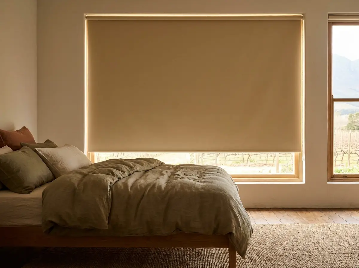Wellington farmhouse bedroom at dusk with a tan blockout roller blind fully lowered over a window, linen bedding and mountain view through the adjacent window
