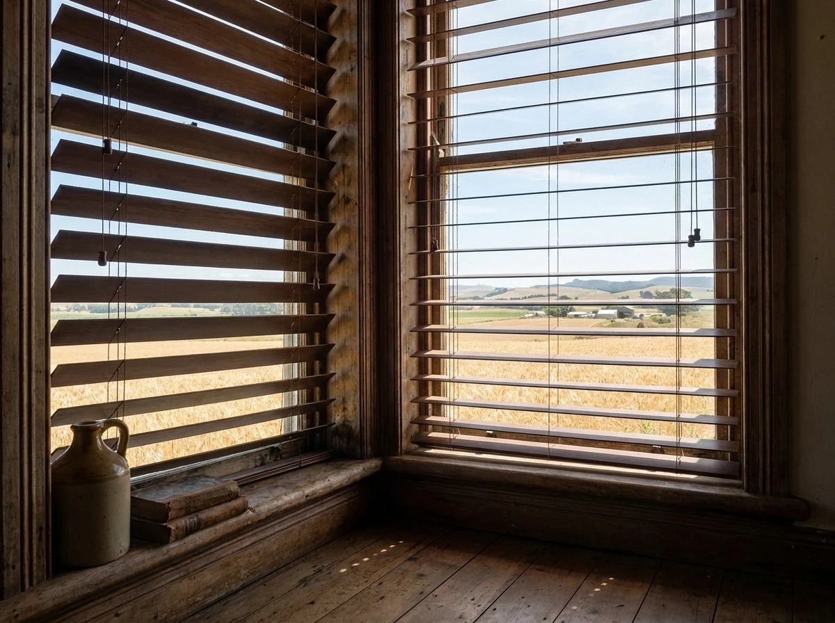Wide timber venetian blind slats tilted open in the window of an old wheat-farming homestead near Gouda, north of Wellington, golden wheat fields visible